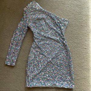 Silver sequin off shoulder mini dress
